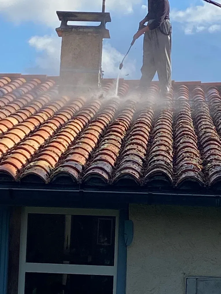 Démoussage d'un toit très encrassé par la mousse et le lichen